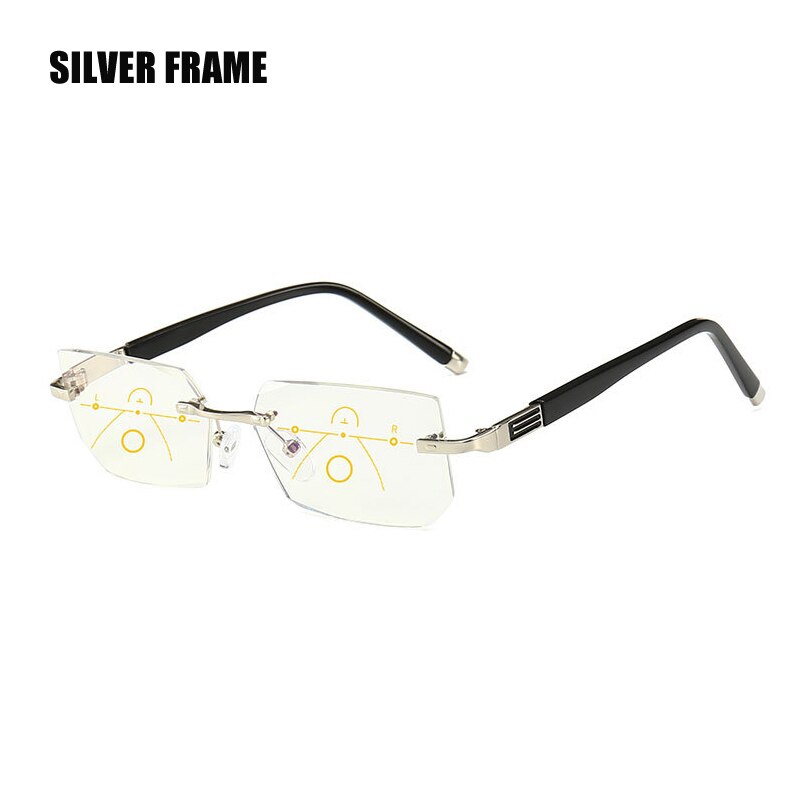 SOOLALA Rimless Progressive Glasses Multifocal Reading Eyeglasses Anti Blue Light Glasses Diamond Cutting Presbyopic Spectacles: Up 0 Down 150 / Silver Frame