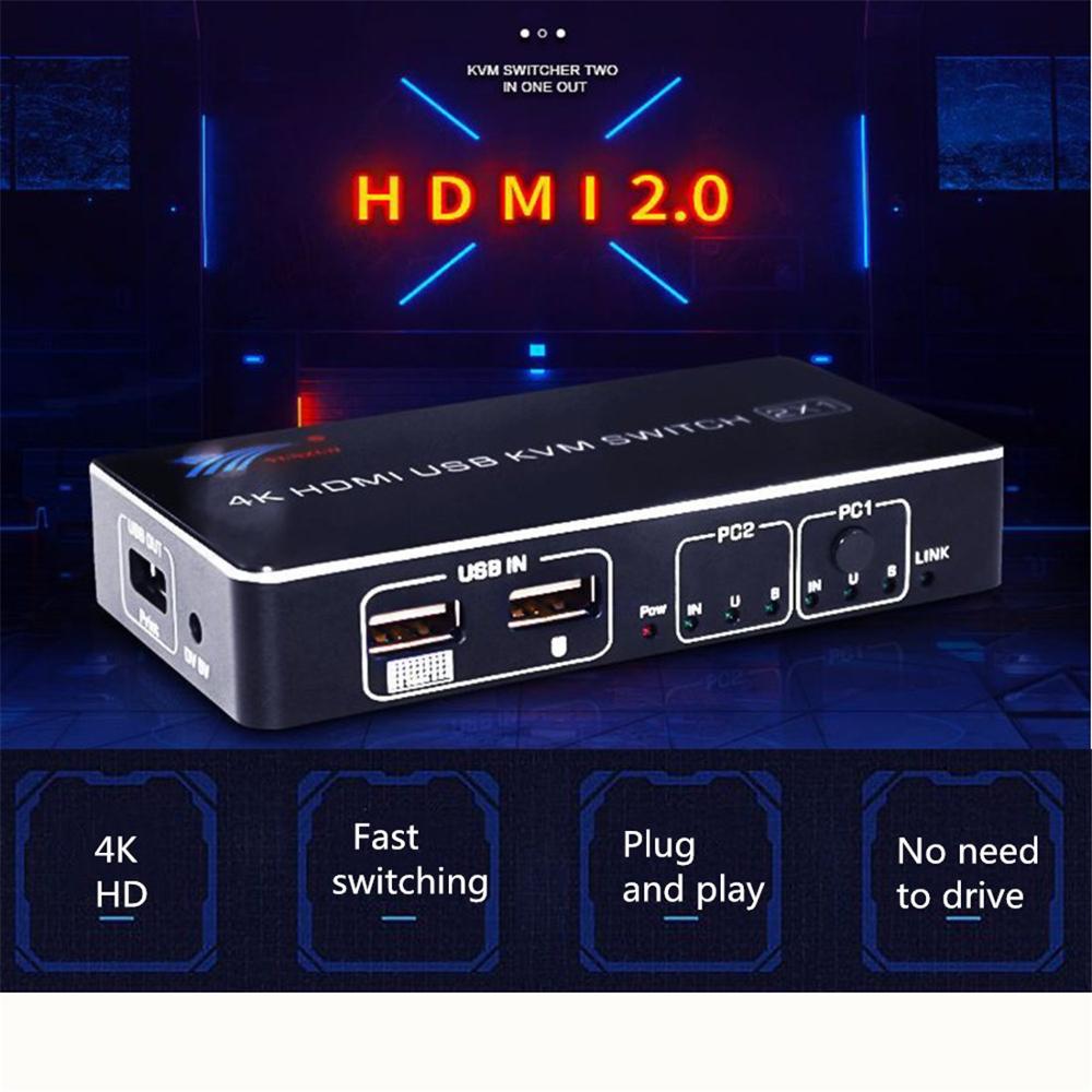 HDMI 2.0 KVM switch, 2-port HDMI switcher multi-computer USB mouse and keyboard automatic switch 2 support for: Computer, PC