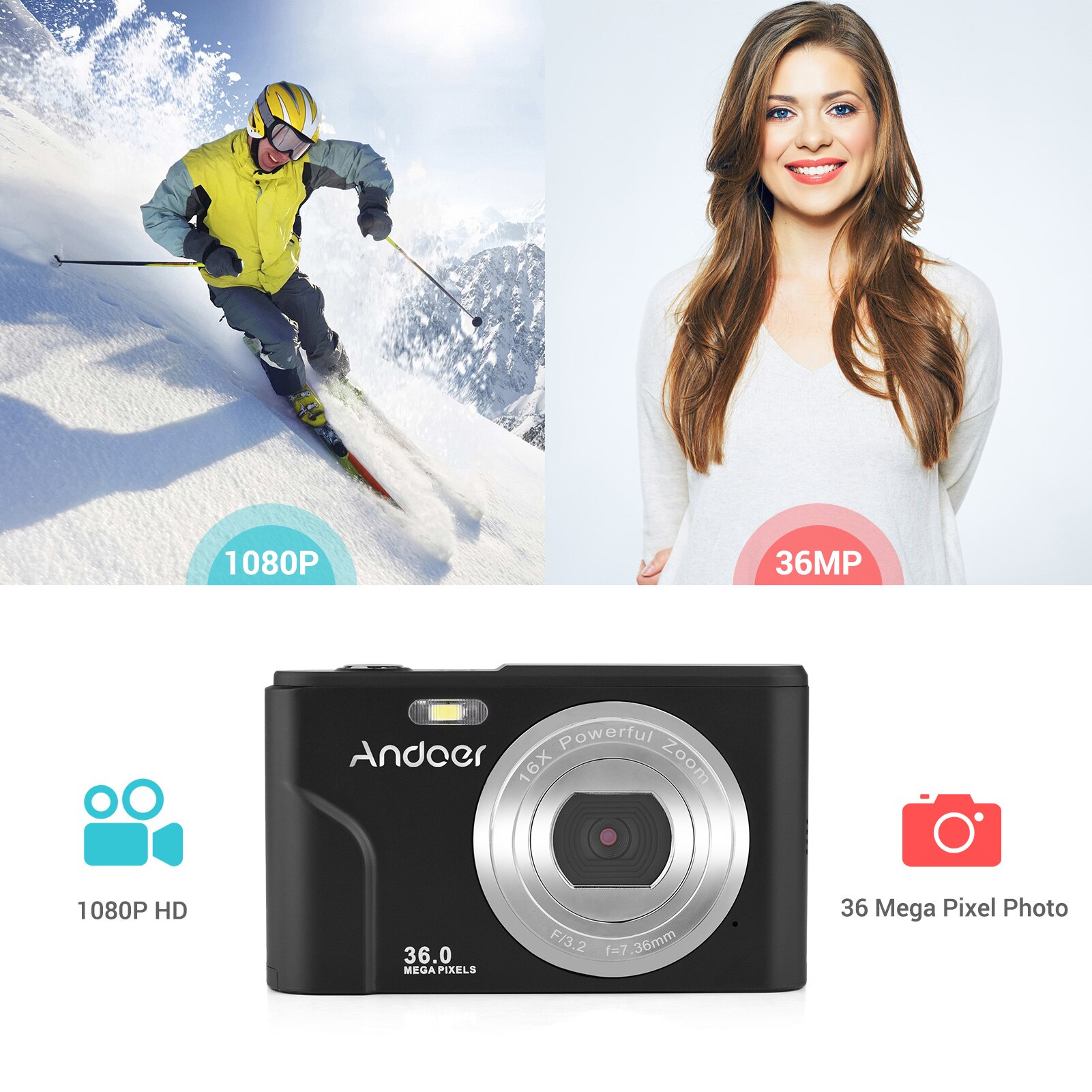 Andoer Digital Camera 36MP 1080P 2.4-inch IPS Screen 16X Zoom Self-Timer Face Detection Anti-shaking Built-in 2PCS Batteries