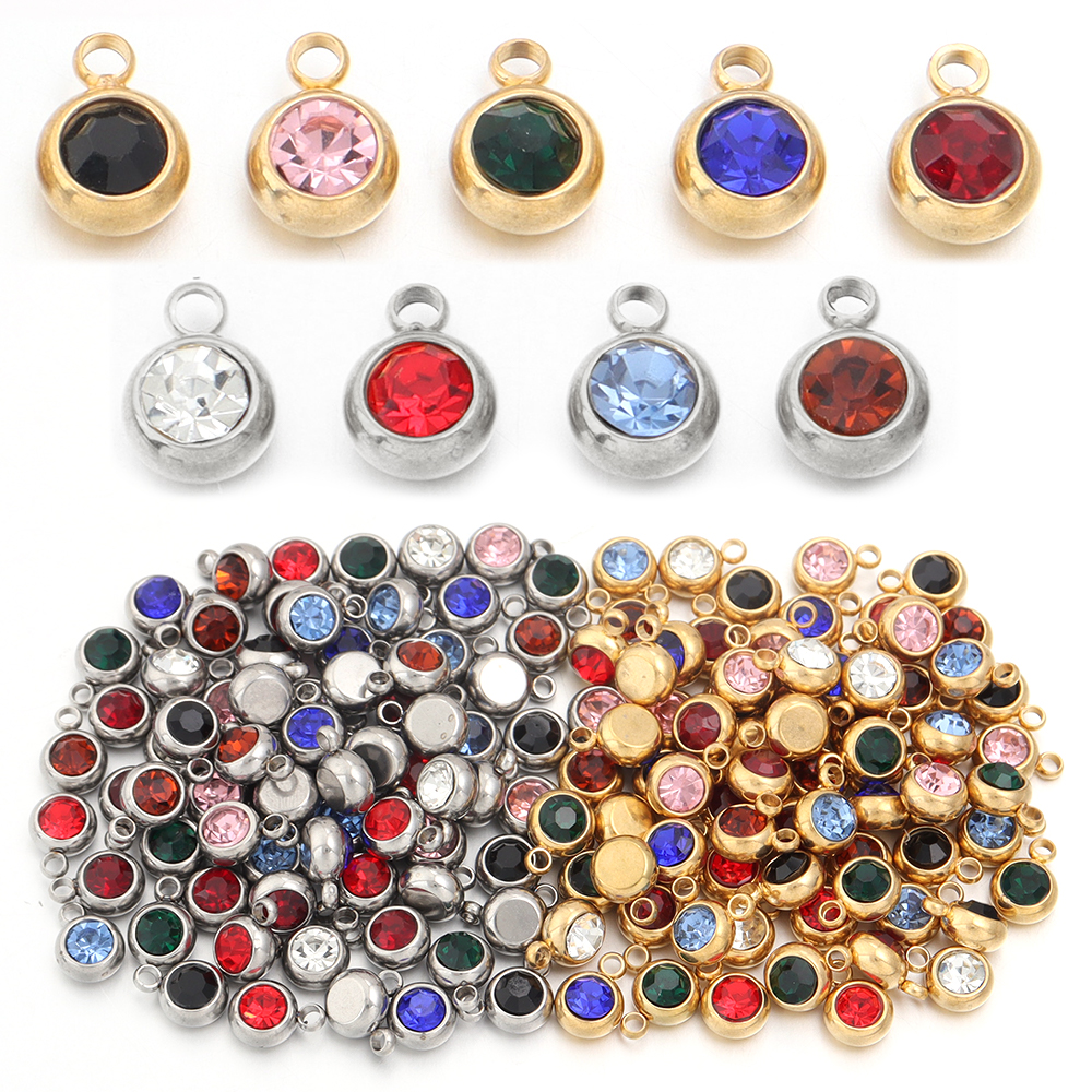 10pcs/lot Stainless Steel Birthstone Pendant 6mm Flat Round Rhinestone Charms Pendant For DIY Jewelry Making Necklace Bracelet