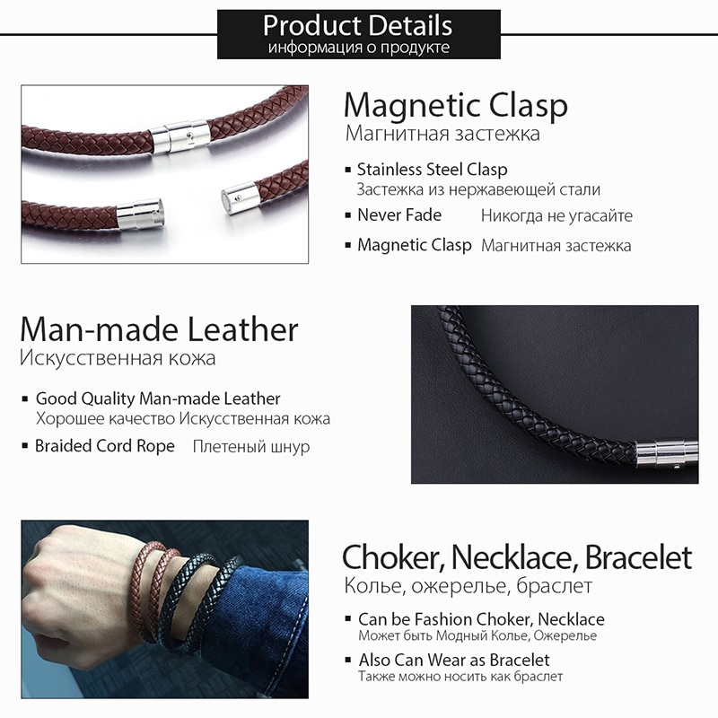 Classic Men's Women's Leather Choker Necklace Black Brown Braided Rope Chain Stainless Steel Clasp Jewelry UNM09