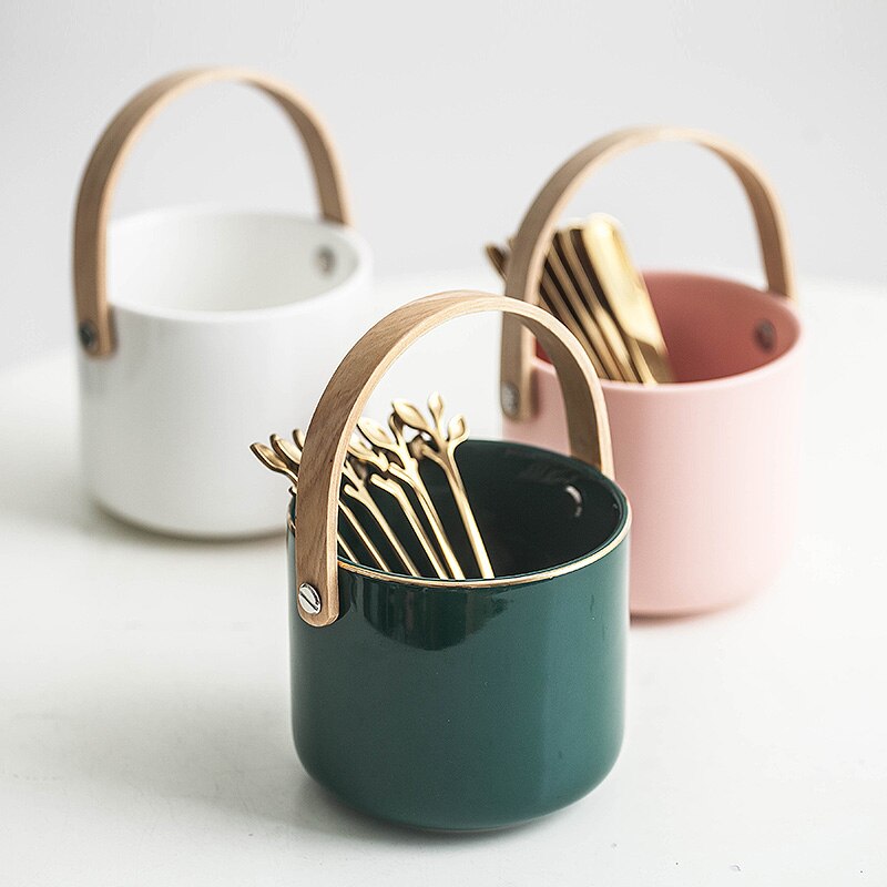 Nordisk kunst luksus frugtgaffel keramisk opbevaringstank moderne minimalistisk hjemmekage dessertgaffel køkken spisepinde ske opbevaringsbur