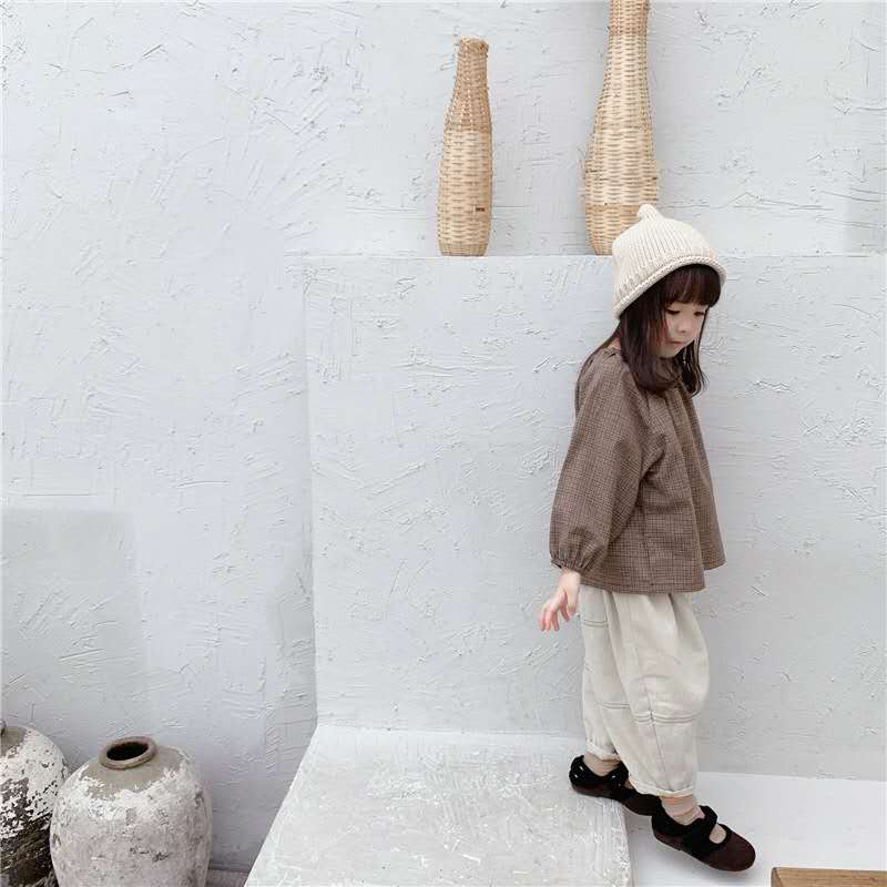 Kinderherfstproducten meisjes herfstkleding koreaanse stijl pofmouw geruit overhemd met lange mouwen overhemd