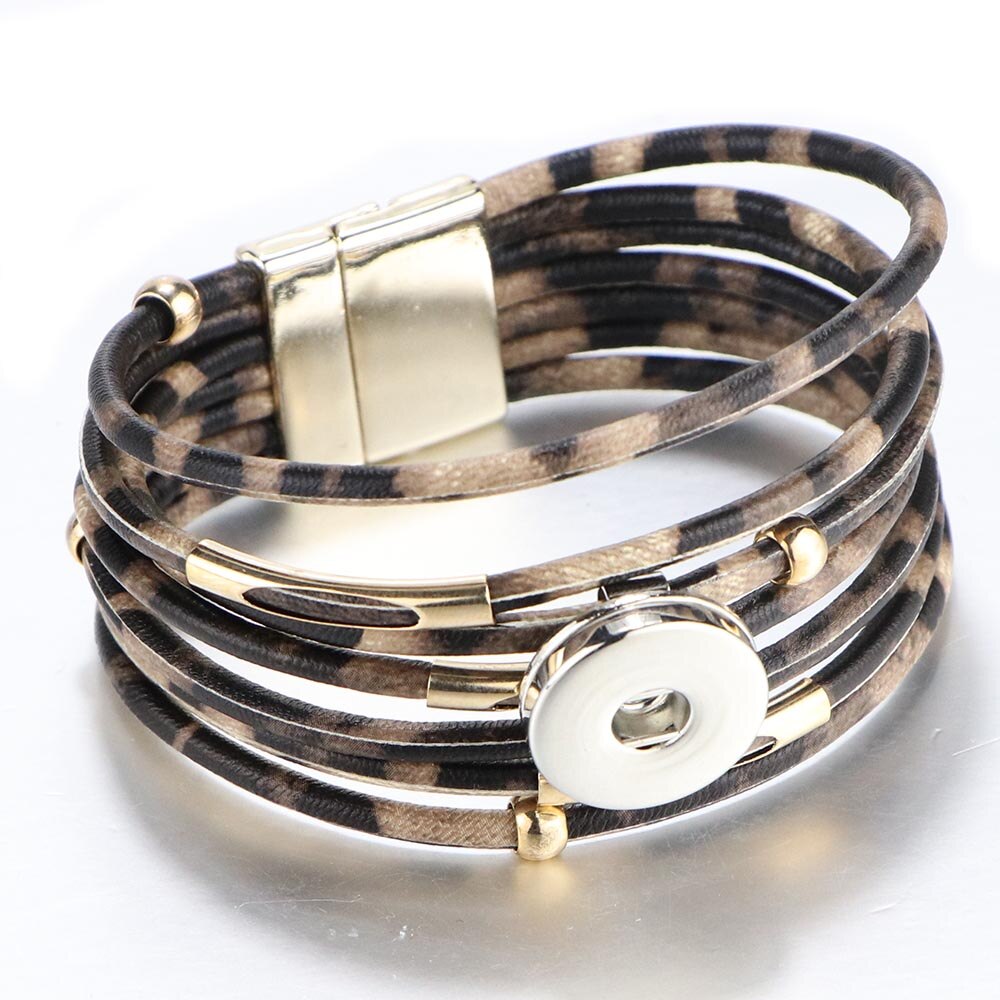 Snap fastener jewelry, 18mm snap fastener bracelets, punk multilayer leather leopard print, magnetic buckle bracelet, bracelet snaps jewelry