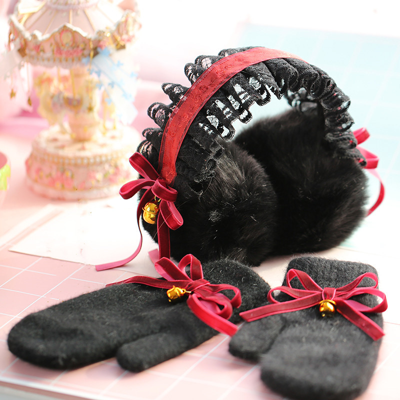 Ear Warmer Winter Accessories Lolita Burgundy Ribbon Bells Plush Ear Covers Girl Gothic Black Lace Earmuffs