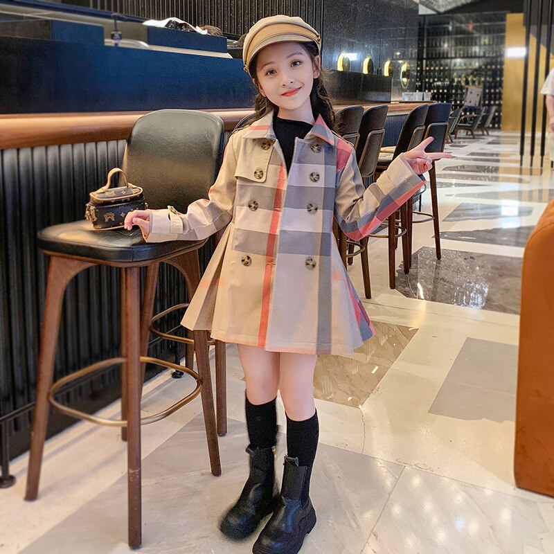 kids 5-17 year plaid long trench double button coats for little girls teens teenage korean autumn winter outwear clothes