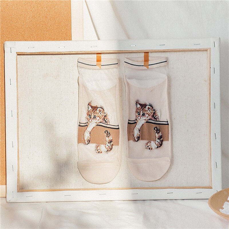 Damessokken lente cartoon katten koreaanse stijl trendy dunne zomer casual enkelsokken bedrukte vrouwelijke grappige sokken: Huid