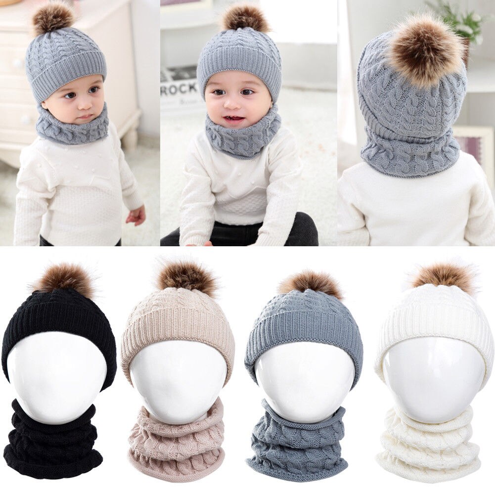 Forældre barn 2 stk varm vinterhue strikket hat og tørklæde til 0-3 år gamle piger og drenge studerende hatte hatte hat