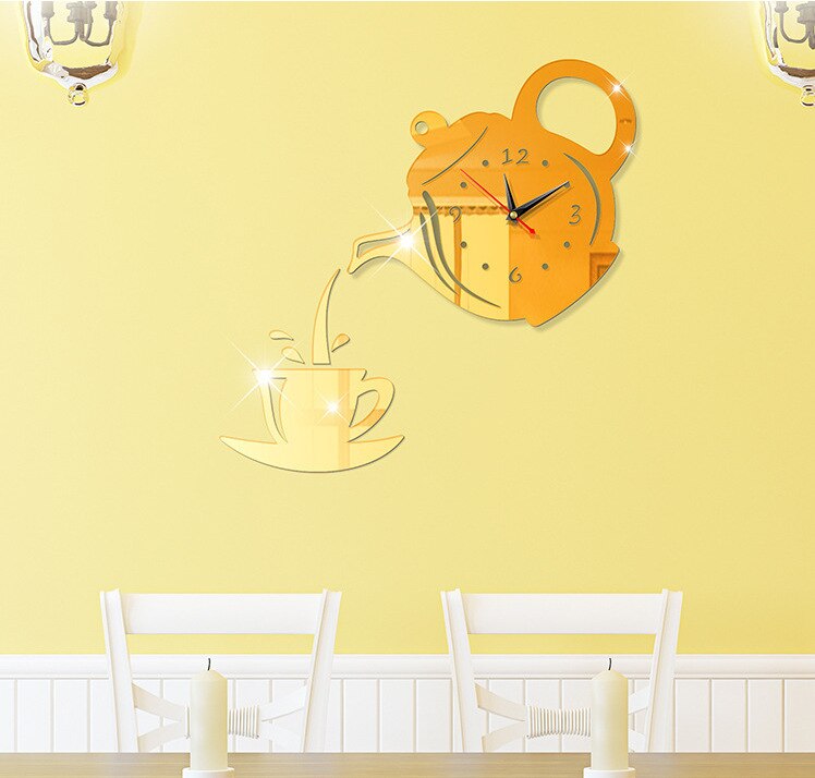 Thuis wonen koffiekopje acryl spiegel wanddecoratie stickers klok diy theepot wandklok horloge decoratie cms 02: Goud