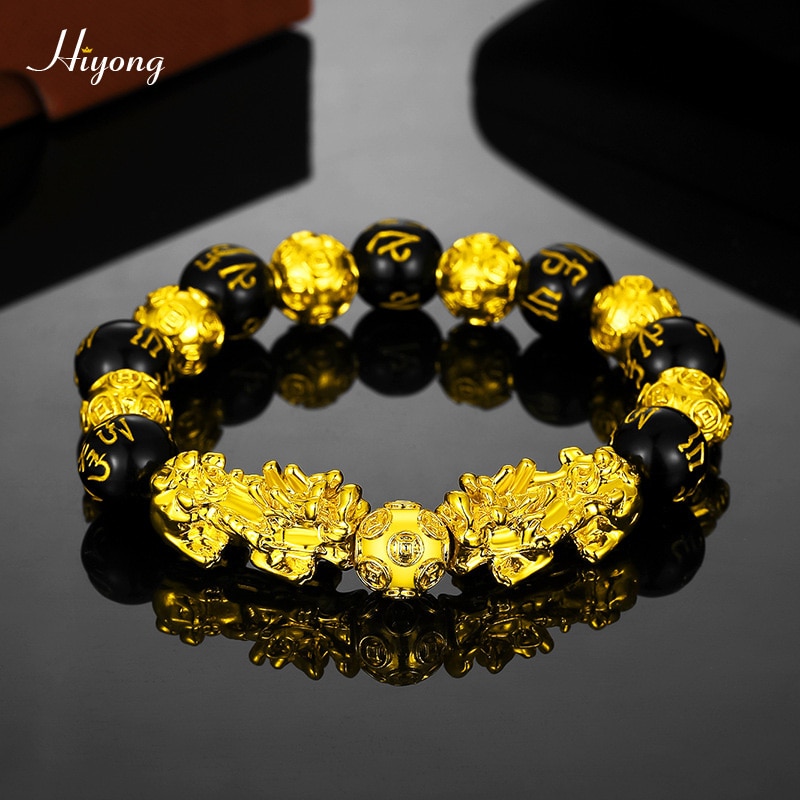 Zwart Obsidiaan Steen Kralen Armband Bixie Feng Shui Armband Goud Kleur Boeddha Geluk Rijkdom Armbanden Voor Vrouwen Mannen Sieraden: Pixiu Bracelet 10