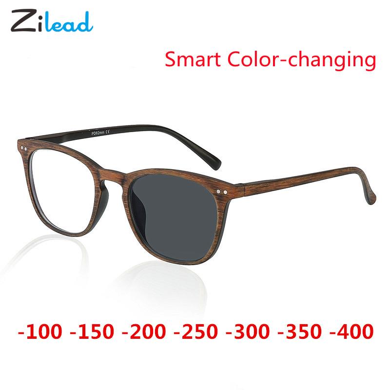 Zilead Smart Kleurveranderende Afgewerkte Bijziendheid Bril Imitatie Hout Bijziend Zonnebril Voor Vrouwen & Mannen Minus Brillen 0 ~-4.0