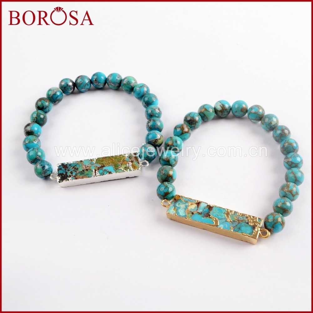 Borosa måke rektangel kobber turkis armbånd med 8mm turkis perler håndlaget armbånd til kvinner edelstener armbånd  g1651