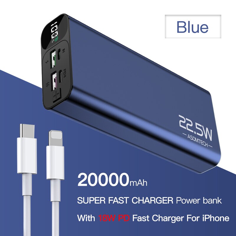 TOPZERO 20000mAh Power Bank PD QC 3.0 VOOC 22.5W Super Fast Charger Digital Display Portable Charger Powerbank For Mobile Phones: Blue with 18 PD QC