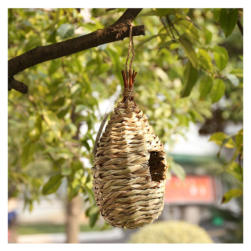 1PC Natural Khaki Straw Bird Nest Handmade Birdhouse Parrot Hanging Cave Woven Bird Cage Home Yard Decoration Small Pet Supplies