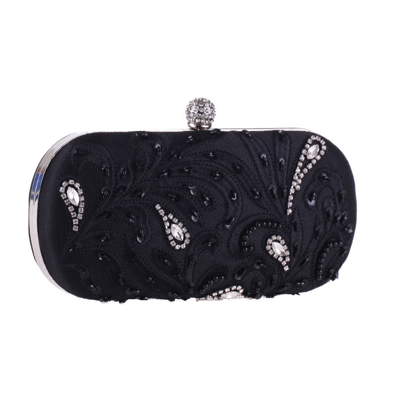 Solid Evening Bags Luxury Peacock Feather Clutches Wedding Banquet Box Bag Party Shoulder Pouch With Rhinestone: black