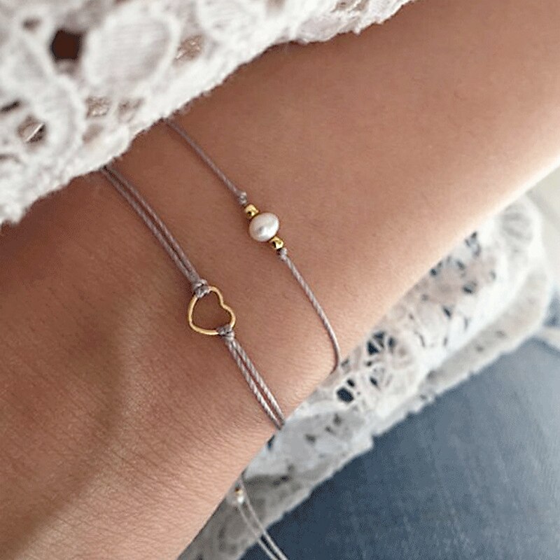 Bracciale regolabile con perle a cuore semplice da 2 pz/set da donna bracciale in pelle intrecciata con perline nero grigio