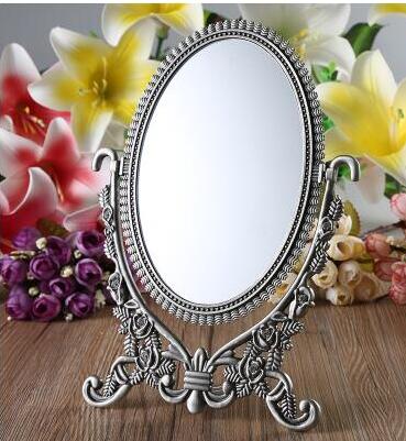 360 graders rotation europæisk oval dobbeltside lille bord spejl desktop makeup spejl hjemmepynt spejl hzj 002: Antik tin farve