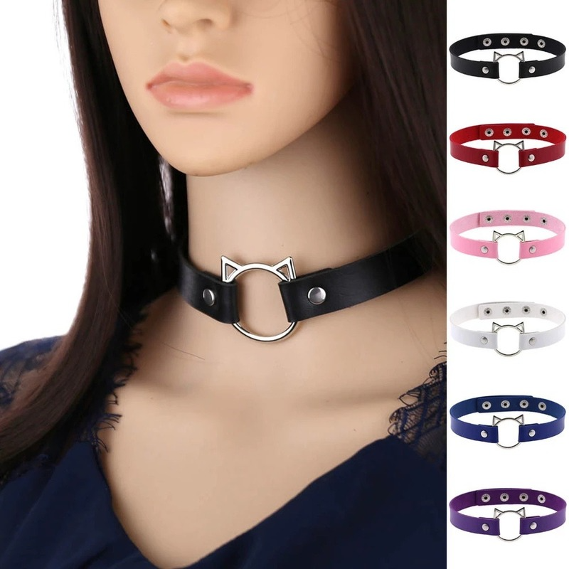 Damski czarny syntetyczny skórzany seksowny kołnierz z kociakiem Choker kołnierz z klamrą Goth alternatywny cienki gotycki naszyjnik nabijany ćwiekami Punk