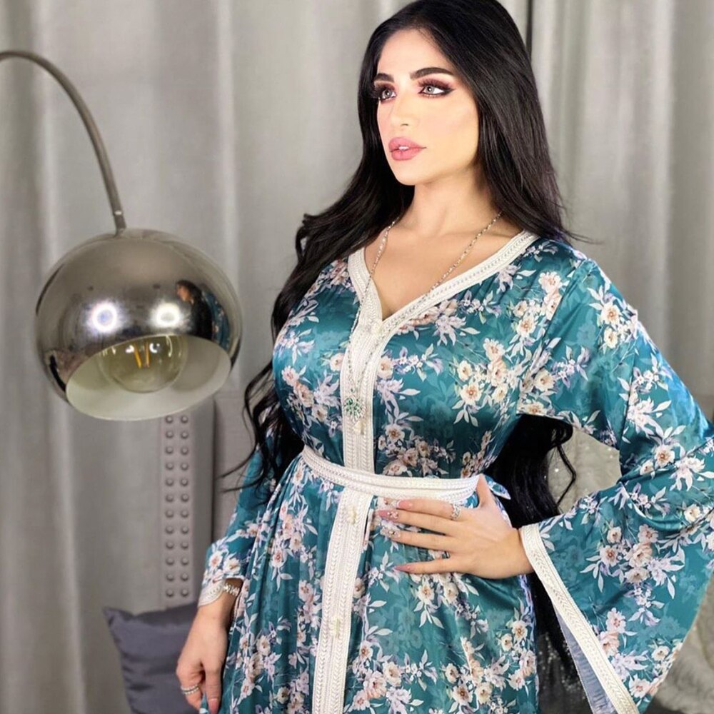 AB030 Luxe Jurk Sky Blue Abaya Soiree Moslim Vrouw Dubai Islamitische Kleding World Kleding Winkel Turkse Mooie Print Flora