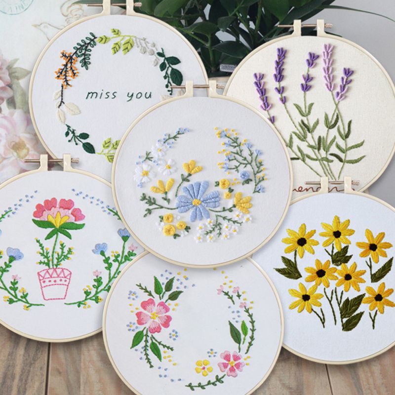 DIY Embroidery For Beginner Flower Pattern Handwork Needlework Cross Stitch Kit Ribbon Painting Embroidery Hoop Home Decoration