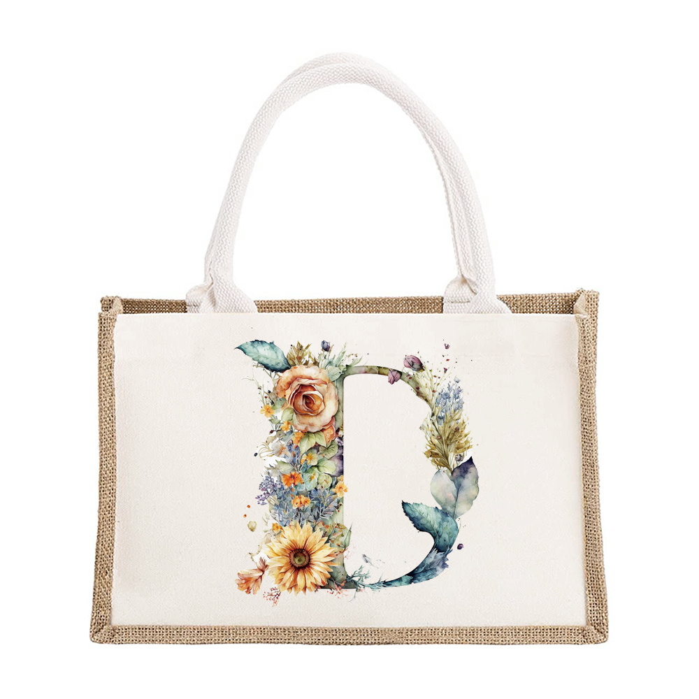 Sac à bandoulière en lin de grande capacité, sac de Shopping pour femmes, motif imprimé de lettres florales, sac d'imitation de Jute: Beige