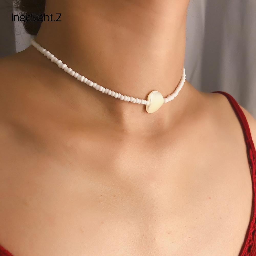 IngeSight.Z-collier ras du cou à perles blanches, Simple, minimaliste, bijoux, chaîne clavicule d'amour mignon, coquille de cœur