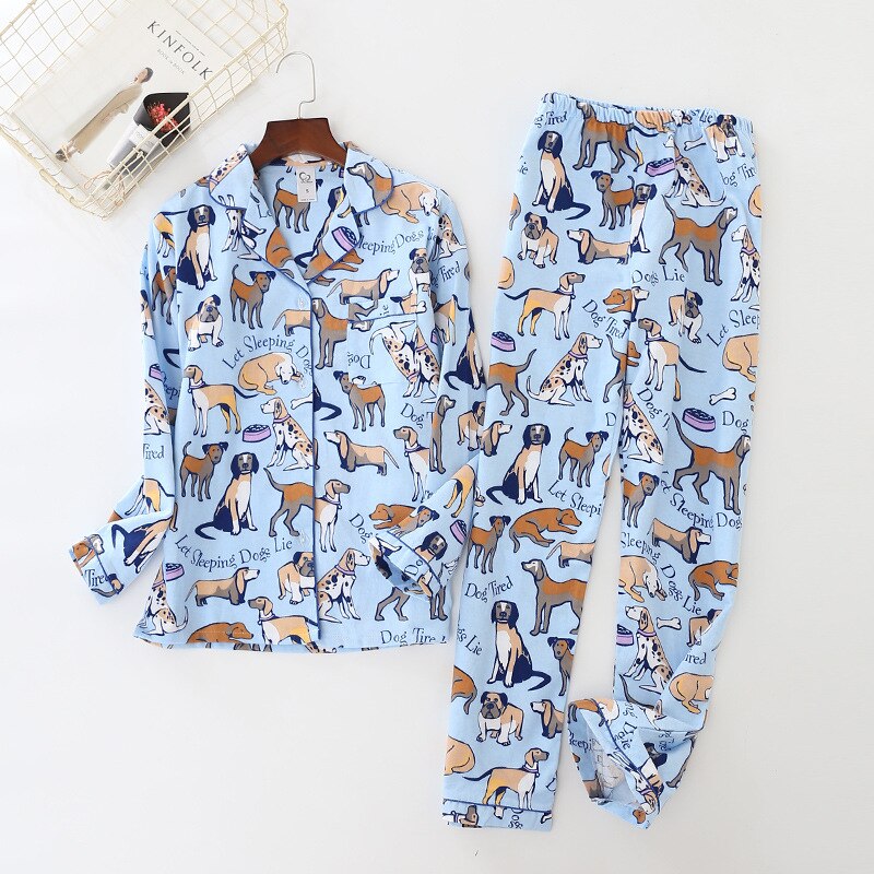 Men Pajamas Dog Print Brushed Cotton Thick 2 Pieces Set For Couple Women Long Sleeve Elastic Waist Pants Lounge Nightwear P80001: Blue for women / L
