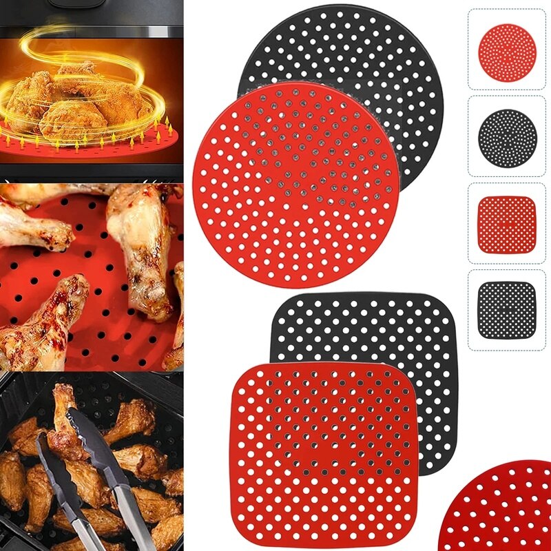 Wiederverwendbare Luft Friteuse Liner Silikon Zubehör Lebensmittel Klasse Öl Matten 7.5/8.5/8/9 Zoll Platz Runde Nicht-Stock Silizium Korb Matten