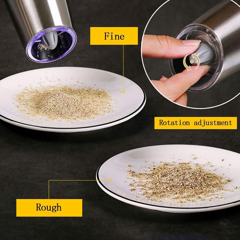 Elektrisk saltpepparkvarn, automatisk pepparkvarn och saltkvarn, bekväm justerbar malningsgrovhet (svart, silver)