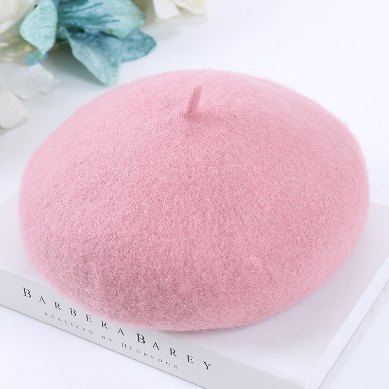 Cheap Women Winter Wool Beret French Hat Female Solid Color Bonnet Beret Hat Girls Thick Warm Walking Hat 15 Color: Pink