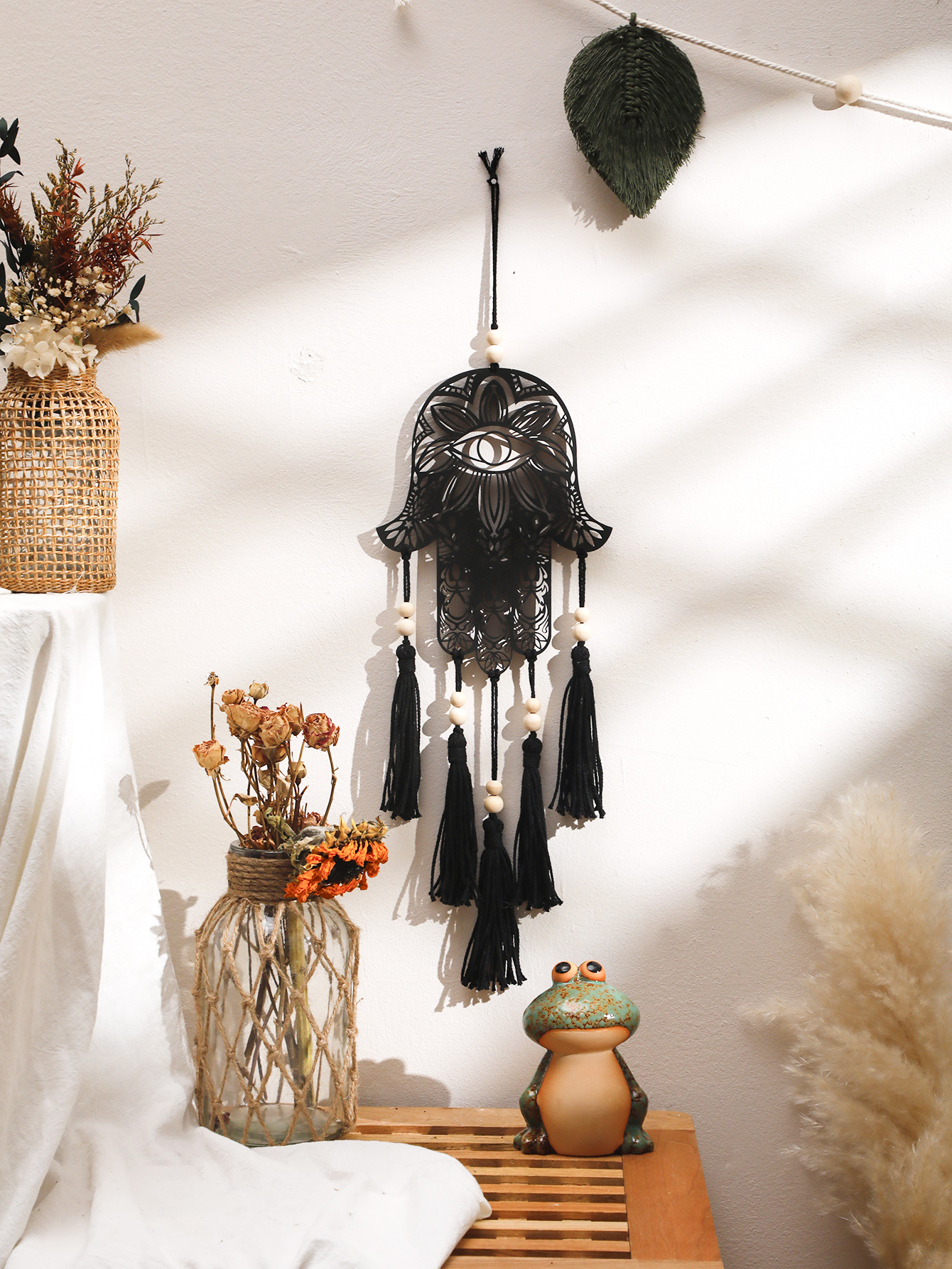 Houten wanddecoratie muurhangende Hamsa Hand Evil Eye Home Decor Macrame hangende decor Boho Home Decoration Macrame Room Ornament