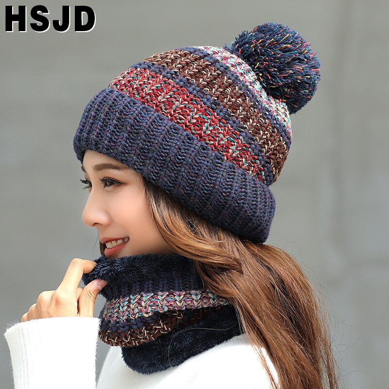 Gorros de invierno para mujer, gorros tejidos a rayas de Color mixto, conjunto de 2 piezas, gorros gruesos y cálidos, gorros, gorros para mujer