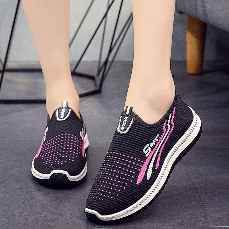 Dames mesh platte schoenen met katoenen casual wandelstrepen sneakers loafers zachte schoenen ronde neus platte schoenen met damesschoenen