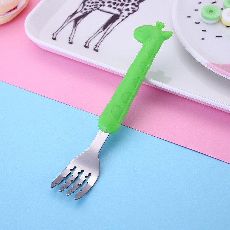 Qshare-vajilla de jirafa para bebé, cuchara de postre para niños, tenedor cuchara de alimentación, artículos de alimentación para bebé, vajilla para niños: Green Fork