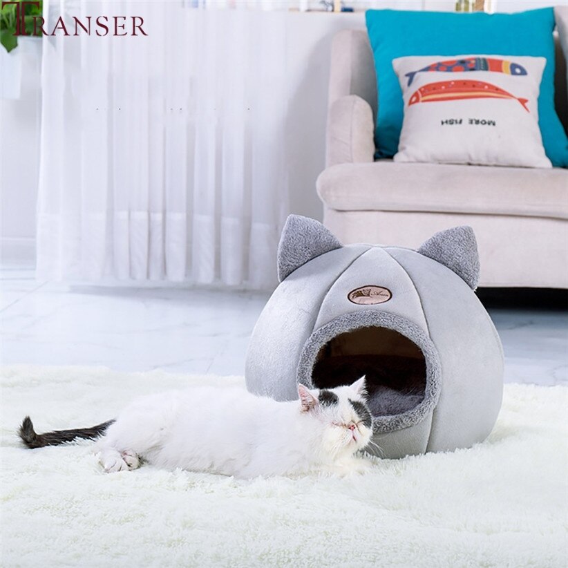 Transer Pet Cat House Met Oren Zachte Pluche Pet Dog Katten Tent Slapen Bed Voor Kleine Honden Puppies Katten Ronde grijs Kennel 912