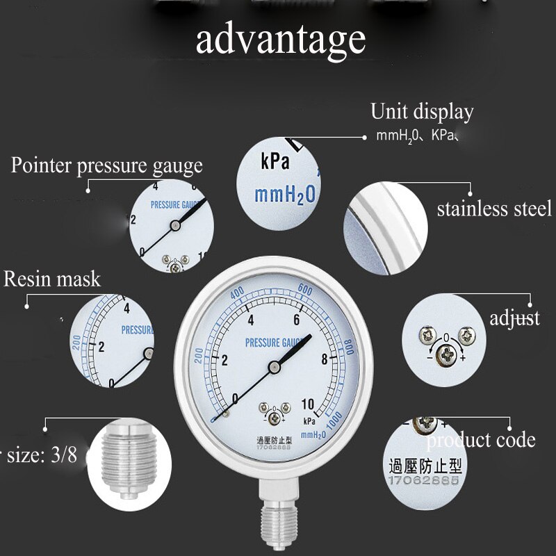 YE75 thread 3/8 Vacuum stainless steel pressure gauge -100kpa-0kpa-100kpa diaphragm gauge gas gauge kPa gauge