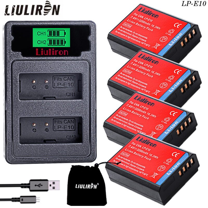 2200 mah lp -e10 lp e10 lpe 10 digitaalikameran akku canon 1100d 1200d 1300d rebel  t3 t5 kiss  x50 x70 -akku: Laturi ja 4 akkua