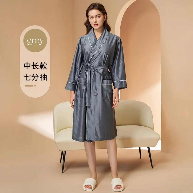 Bata de satén sedoso para parejas, ropa de dormir con estampado de rayas, Kimono, albornoz, ropa de casa holgada, ropa de dormir para primavera y verano: M / Verde