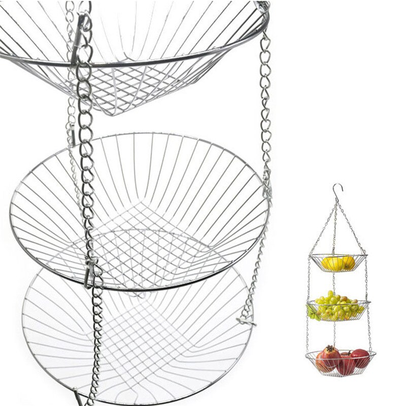 1pc 3 Tiered Hanging Fruit Baskets - Adjustable Chrome Wire Produce Storage Bowls