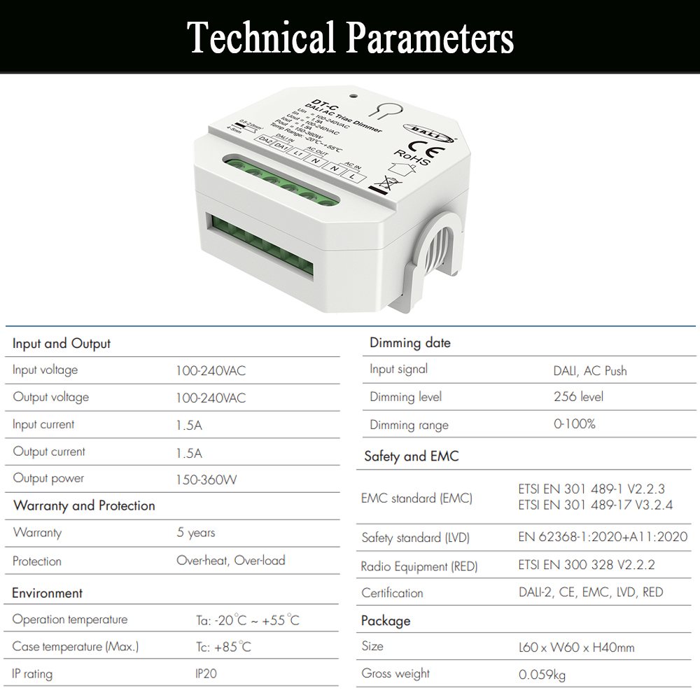 DALI AC-Triac-Dimmer DT-C mit Druckschalter, dimmbarer hinterer DT4-Kantendimmer für einfarbige dimmbare LED-Lampen, AC100–240 V, 360 W