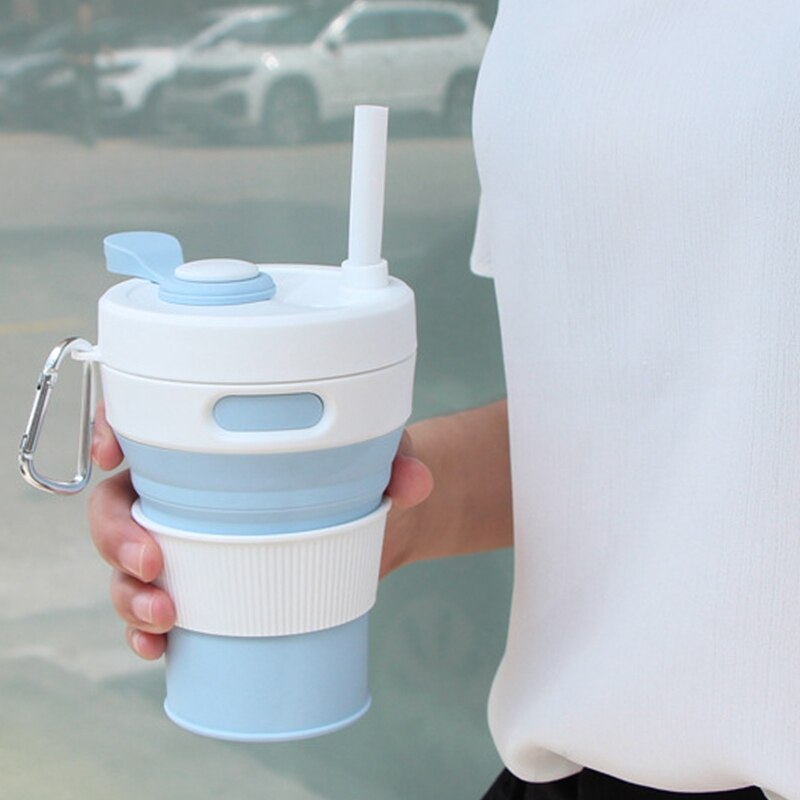 Folding Silicone Cup with Straw 450ML Portable Leakproof Outdoor Travel Telescopic Drinkware Cup Milk Water Coffee Mug Cups