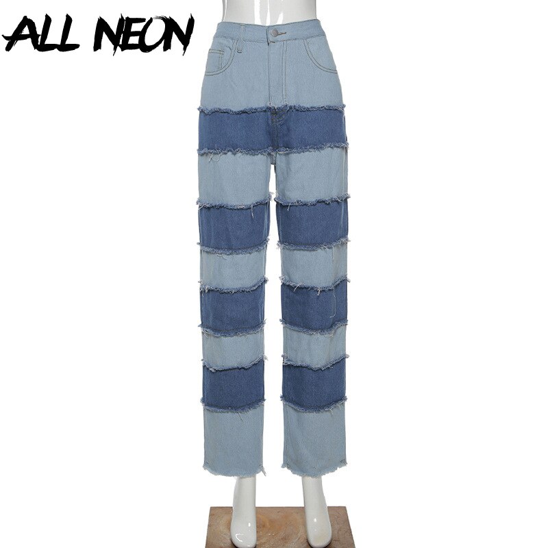 ALLNeon Y2K e-girl parches coser Stitch Jeans para mujeres Hip Hop cintura alta Denim suelta pantalones largos conjunto Streetwear: S