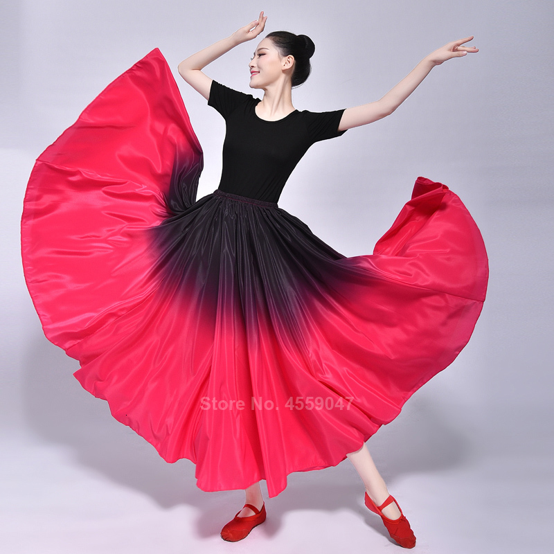 Spaanse Flamenco Rok Vrouwen Gradiënt Fading Kleur Smooth Glossy Luxe Elegante Grote Swing Dance Kostuum Meisjes Buik Maxi Jurk: Black to rose red / 4XL