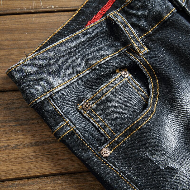 Mannen Zwart En Grijs Gescheurde Jeans Lente Mode Regular Fit Stretch Jeans Mannelijke Broek