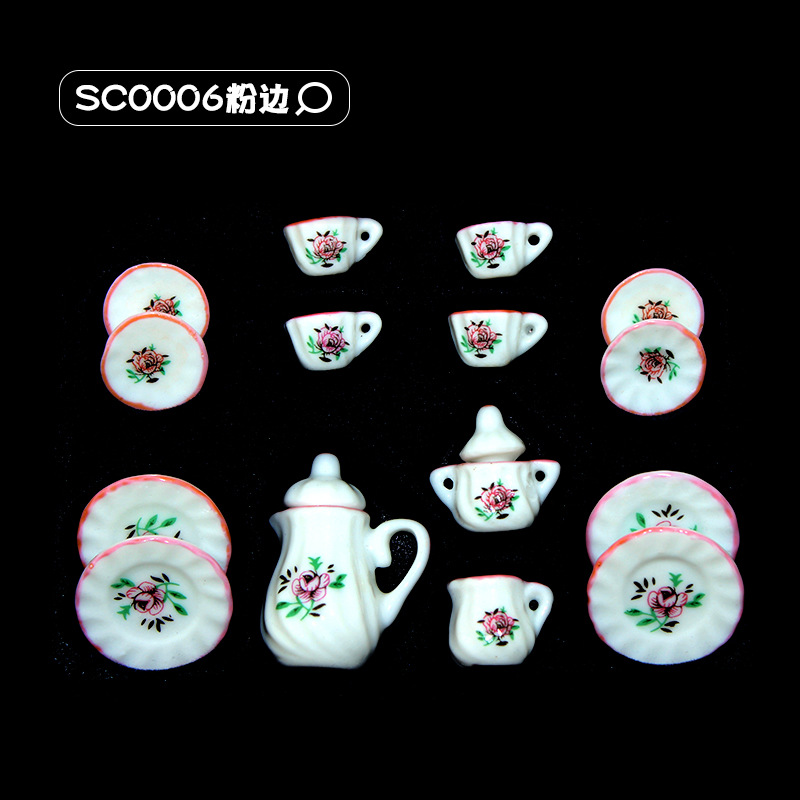 15Pcs 1/12 Dollhouse Miniature Accessories Mini Ceramics Tea Set Simulation Kettle Plate Cup Model Toys Doll House Decoration