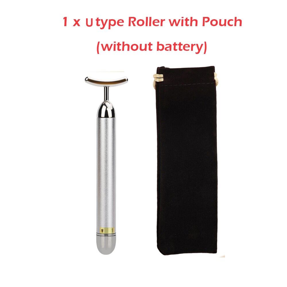 24k Golden Facial Roller Massager T Shape Vibrating Face Lifting Energy Beauty Bar Body Skin Massage Device Face Care Tools: U silver with bag