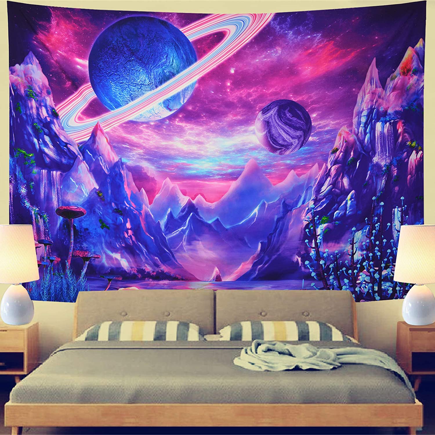 Planeet Tapestry Galaxy Ruimte Tapestry Trippy Mountain Muur Decor Tapestry Zwart Licht Wandtapijten Fantasy Plant Tapestry Tapiz