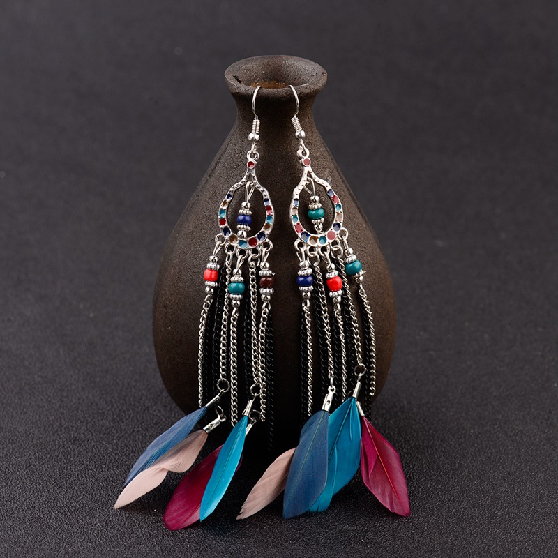 Ethnic Blue Feather Long Earrings For Women Gypsy Jhumka Jhumki Chain Indian Beads Earrings Handmade Oorbellen HXE058