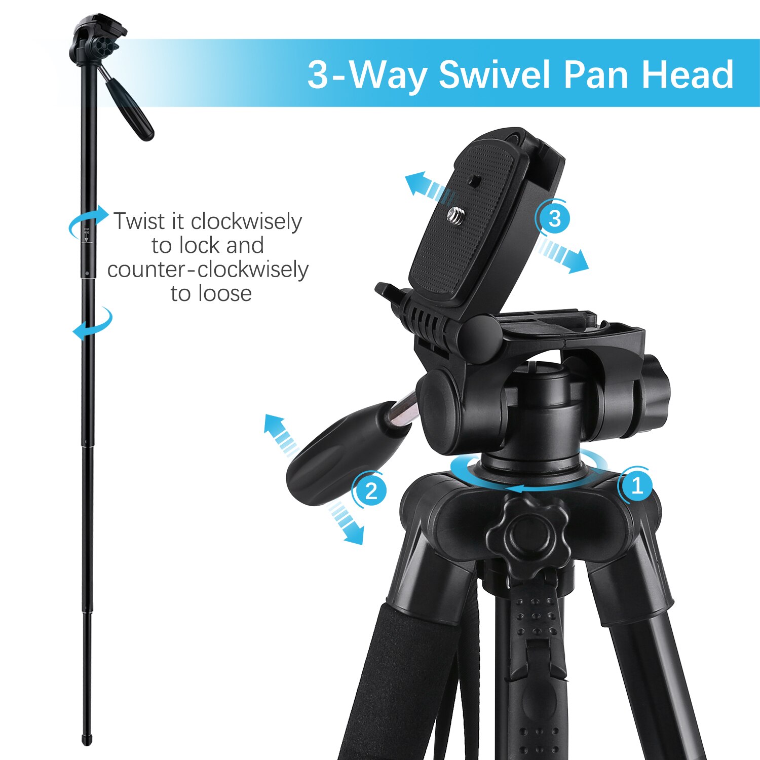 Andoer TTT-03 2-in-1 fotografia treppiede monopiede Stand in lega di alluminio 3-Way girevole Pan testa 163cm Max. Altezza 5kg capacità di carico