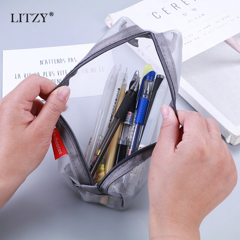 Black Transparent Nylon Pencil Case for School Mesh Pencil Bag Large Capacity Pen Box Pencilcase Stationery School Office Supply